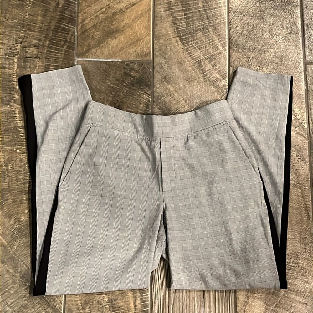Athleta plaid pants w/ black solid stripes.